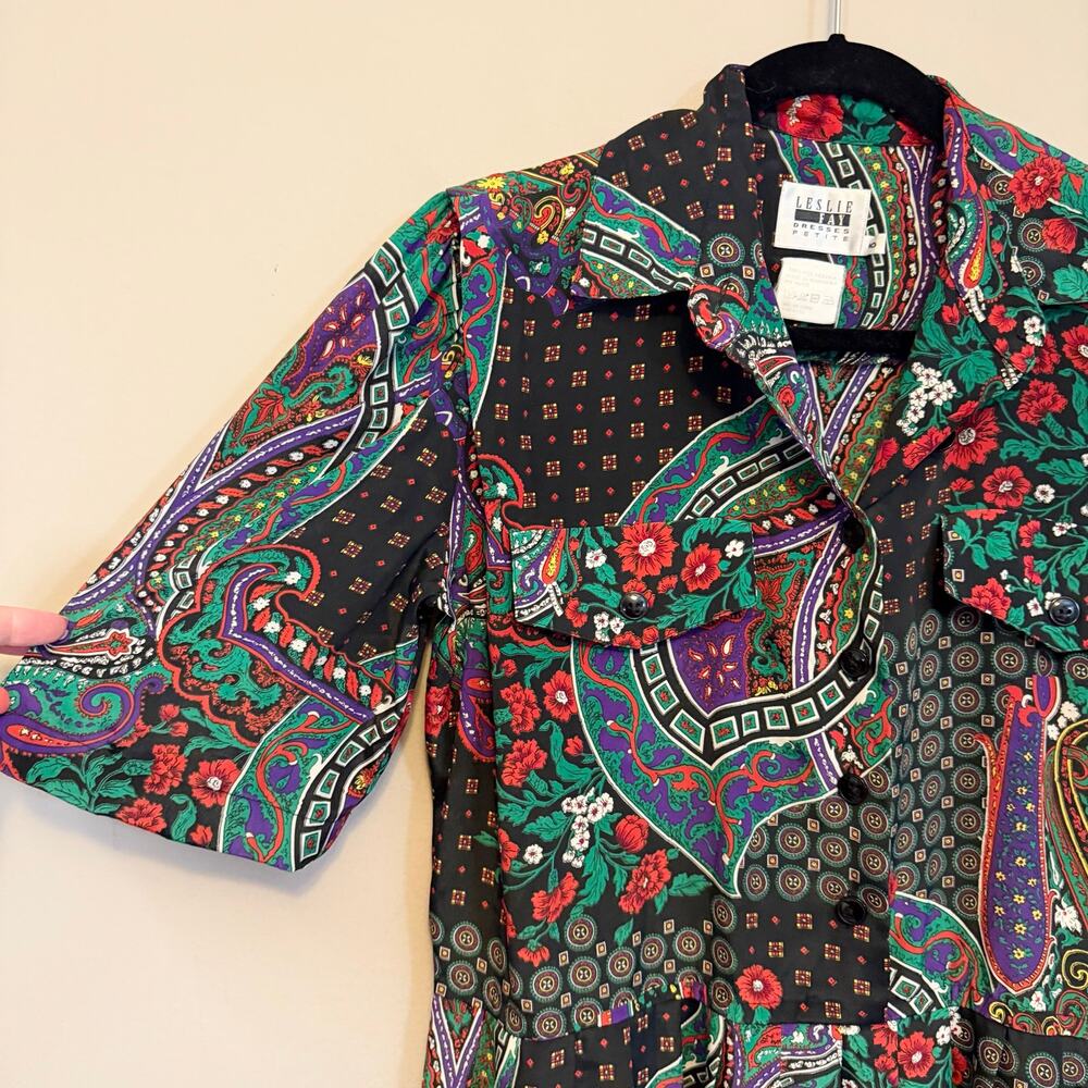 Vintage 90s Leslie Fay Midi Dress 10P Black Paisley Print Maximalist Eclectic - Picture 3 of 5
